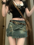 Kylethomasw   -  Women's Blue Mini Denim Skirt Vintage Y2k Jean Skirts Harajuku Korean Streetwear Short Cowboy Skirts 2000s Clothes Summer 2024