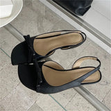 KYLETHOMASW  -  Women White Bowknot Slingback Sandals Summer Square Open Toe Low Heel PU Leather Elegant Casual Office Ladies Shoes