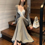 KYLETHOMASW  -  Striped Slimming Sexy Three-Piece Set Korean Lazy Style Women's Fashion Unique Design Sensation Tank Cardigan Mini Skirt Set