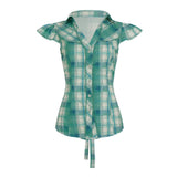 KYLETHOMASW  -  Fashion Y2k Lace Spliced Plaid Prints Women Shirts Shorts Sleeves Retro Chic Design Summer Polo Blouses
