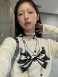 Kylethomasw White Bow Graphic Sweater Women Half High Collar Kawaii Long Sleeve Knitwear Skinny Y2k Aesthetics Autumn Winter Clothes