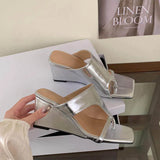 KYLETHOMASW  -  Summer New Brand Women Slipper Fashion High Wedge Heel Ladies Elegant Slides Open Toe Slip On Dress Sandal Shoes