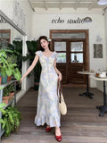 KYLETHOMASW  -  Chiffon Floral Ruffles Dress Women Elegant Flying Sleeve Dress Sweet Slim A Line V Neck Summer Lace Up Lady Vintage Vestidos
