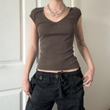 KYLETHOMASW  -  Folds V-neck Top Brown Vintage Slimming Button Short Sleeve T-shirt Casual Basic Streetwear Elegant Cargo Tops Summer