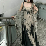 KYLETHOMASW  -  Retro Butterfly Print Patchwork Camisole Dress for Women+ Thin Long Sleeve Loose Cardigan 2025 Summer New Two Piece Sets