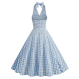 KYLETHOMASW  -  New Hepburn Vintage Blue and White Plaid Holiday Women Summer Dresses Sexy Halter High Waist Fit and Flare Rockabilly Dress
