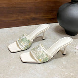 KYLETHOMASW  -  Fashion Flower Women Thin Heels Slides Sandals Shoes Square Toe Sexy Ladies High Heels Shoes Slip On Female Sandals Pumps
