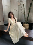 KYLETHOMASW  -  Women Summer Vintage Sweet Chic High Waist Elegant Party Dresses Fairy Solid Short Sleeve Slim Lace-up Beach Maxi Dress Vestidos