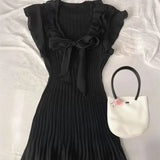 KYLETHOMASW  -  Elegant Bow Women Mini Dress Summer New Sweet Ruffles Slim A-Line Dresses Elegant Flying Sleeves Chiffon Pleated Vestidos 026A