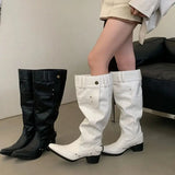 KYLETHOMASW  -  Black Boot Knee High Long Shoes Woman Pointed Toe Chunky Heels White Winter Boots Fashion Belt Buckle Rivet Wide-Leg Ladies Shoe