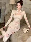 KYLETHOMASW  -  Vintage Dresses Women Floral Printed Stand Collar Long Sleeve Hollow Out Slim Split Elegant Dress Ladies Stylish