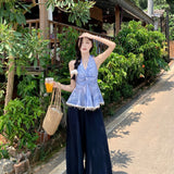KYLETHOMASW  -  Women Summer Halter Neck Sleeveless Backless Blouse Top Lace Trim Boho Peplum Camisole Elegant Holiday Beachwear Korean Style