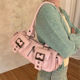 KYLETHOMASW  -  Vintage Pink Handbag Women Oil Wax Leather Multi Pocket Belt Buckle Design Underarm Bag Ladies Trendy Y2k Hot Girl Shoulder Bags