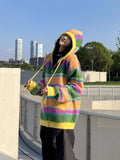 KYLETHOMASW  -  Women Retro Rainbow Striped Knitted Sweater Cardigan 2024 Color Blocked Casual Versatile Autumn Winter Hooded Jacket