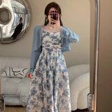 KYLETHOMASW  -  Autumn 2PCS Sexy Spaghetti Strap Print Dress for Women A-line Long Dress Slim Fit Temperament Elegant Vacation Beach Dress