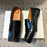 KYLETHOMASW  -  Fashion Square Toe Patent Leather Women's Loafers Comfortable Flat Mules for Women Retro Low Square Heel Black Women's Shoes