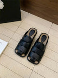 KYLETHOMASW  -  Slippers Women Summer Shoes Low Slides Cover Toe Pantofle Fashion Fretwork Heels 2025 Flat Luxury Rubber PU Fabric Hoof Shoes Wo