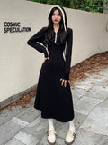 KIylethomasw Autumn Korean Version of the Fashion Medium-length Large Size Women's Long-sleeved High-waisted Slim Temperament Black Dresses