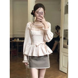 KYLETHOMASW  -  Kawaii Pink Bow Shirts Women Japanese Cute Lace Ruffles Patchwork Blouses Fashion Puff Long Sleeve Slim Design Tops New
