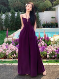 KYLETHOMASW  -  Women's Solid Backless Long Dresses Sexy Spaghetti Strap Halter Lace-up Wedding Evening Party Dress French Style A-line Vestidos
