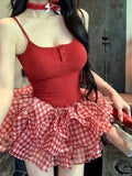 KYLETHOMASW  -  New Pure Desire Sweet Red Chic Suit Sexy Suspender Vest + Polka-dot Cake Skirt Japanese Y2k Fashion Slim 2 Piece Set Women