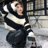 Kylethomasw High Street Loose Casual Soft Cashmere Long Sleeve Sweater Women 2024 Winter New O-neck Contrast Color Striped Knitted Crop Tops