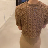 KYLETHOMASW  -  Summer Hollow Out Korean Women's Short Shirts O-Neck Bohemian Short Sleeve Knitted Sexy Tops Female