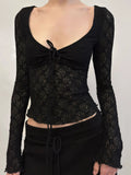 KYLETHOMASW  -  French Lace Patchwork V Neck Long Sleeve Slim Solid Y2k Streetwear Knitted T-Shirts