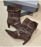 KYLETHOMASW  -  Autumn Winter Faux Suede Weave Lace-up Women Motorcycle Boots Fashion High heels Chelsea Western Mid-Calf Short Booties Shoes