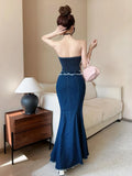 KYLETHOMASW  -  Women Clothes Y2K Casual Outfit Sexy Chest Wrapped Short Tops Shirt Blouse High Waist Fishtail Long Skirt Mujer 2 Pieces Set New