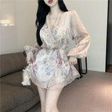 KYLETHOMASW  -  Beautiful Long-sleeved Floral Chiffon V-neck Shirt Dress for Women to Slim Down the Waist