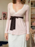 KYLETHOMASW  -  French Sweet Lace Patchwork Polka Dot Bow Slim V Neck Long Sleeve Solid T-Shirts
