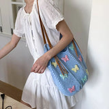 KYLETHOMASW  -  Cute Hollow Out Butterfly Knitting Bag Beach Handbag Tote Bag Beach Bag Large Capacity Bohemian Style Hollow Shoulder Bag Travel