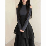 KYLETHOMASW  -  Japanese Elegant Fashion Knit Long Sleeve Dress Women Slim Irregular Design Long Dress Harajuku Sweet Off-Shoulder Chic Outfits