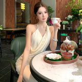 KYLETHOMASW  -  French Fashionable Elegant Satin Evening Gown Women's Backless V-neck Halter Camisole Long Dress Sexy Chic Banquet Gown