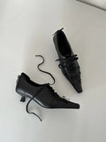 KYLETHOMASW  -  Retro Square Toe Lace Up Leather Pumps Spring Temperament Niche Women Mid Heel Shoes Versatile Soft Women Shoes Comfortable