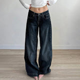 KYLETHOMASW  -  Women's Dark Blue Relaxed Fit Jeans Y2K Retro Low Waist Straight Denim Pants 90S Street Style Loose Trousers Korean Versatile