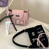 KYLETHOMASW  -  Sweet Korean Lady Style Pink Suede Handbag Straps Belts Bows Mini Storage Bags Mobile Phone Bags Women's Bag Tote Bag