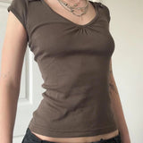 KYLETHOMASW  -  Folds V-neck Top Brown Vintage Slimming Button Short Sleeve T-shirt Casual Basic Streetwear Elegant Cargo Tops Summer