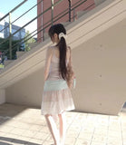 KYLETHOMASW  -  Japanese Floral Print Sweet Knee Length Skirt Women Summer High Waist Lace Up Contrast Color Patchwork Fold A-line Skirt
