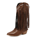 KYLETHOMASW  -  Women Fringe Western Boots Pink Sweet Embroidered Boots Brown Tassels Block Medium Heels Shoes Plus Size 48 Lady Winter