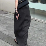 KYLETHOMASW  -  Grey High Waist Midi Skirt Women Summer Casual Loose Split Front A-Line Skirt Fashion Streetwear Faldas Elegant Long Jupe 237A