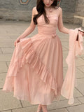KYLETHOMASW  -  Women Summer French Elegant Midi Dresses Vintage Folds Solid Ruffle Party Prom Robe Fairycore Neck Mounted New Fashion Dress