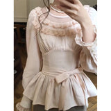KYLETHOMASW  -  Kawaii Pink Bow Shirts Women Japanese Cute Lace Ruffles Patchwork Blouses Fashion Puff Long Sleeve Slim Design Tops New