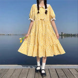 KYLETHOMASW  -  Women Yellow Floral Printed Dress 2024 Summer New Loose Fitting Casual High Waisted College Style Puff Sleeves Dresses