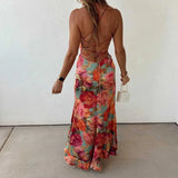 KYLETHOMASW  -  Casual Sleeveless Backless Tie Up Dress Summer New Low Cut Pleated Evening Dress Fashion Hot Girl Irregular Floral Printed Dress