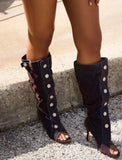 KYLETHOMASW  -  Fashion Retro Style Green Denim Stiletto Heel Knee Boots Full Button Placket Tall Shaft Open Toe Design Casual Boots for Daily