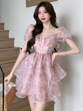 KYLETHOMASW  -  Korean Sweet Lace-up Mini Dress Elegant Print Puff Sleeve Ball Gown Birthday Party Short Dresses Summer Spring Princess Vestidos