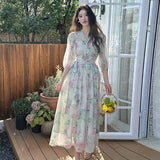 KYLETHOMASW  -  Women Clothes Chiffon Floral Print Outfits Elegant V-Neck Cropped Tops Shirt Blouse And A-Line Long Skirt Mujer 2 Pieces Set New