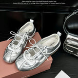 KYLETHOMASW  -  Women Silver Single Shoes Casual Sports Ballet Shoes Genuine Leather Design Sweet Sister Mary Jane  Ballet Training Shoes